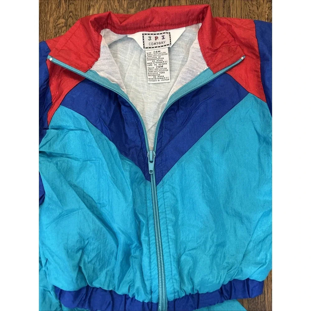 vintage toddler track suit windsuit  1990s 24 month Teal Red Blue